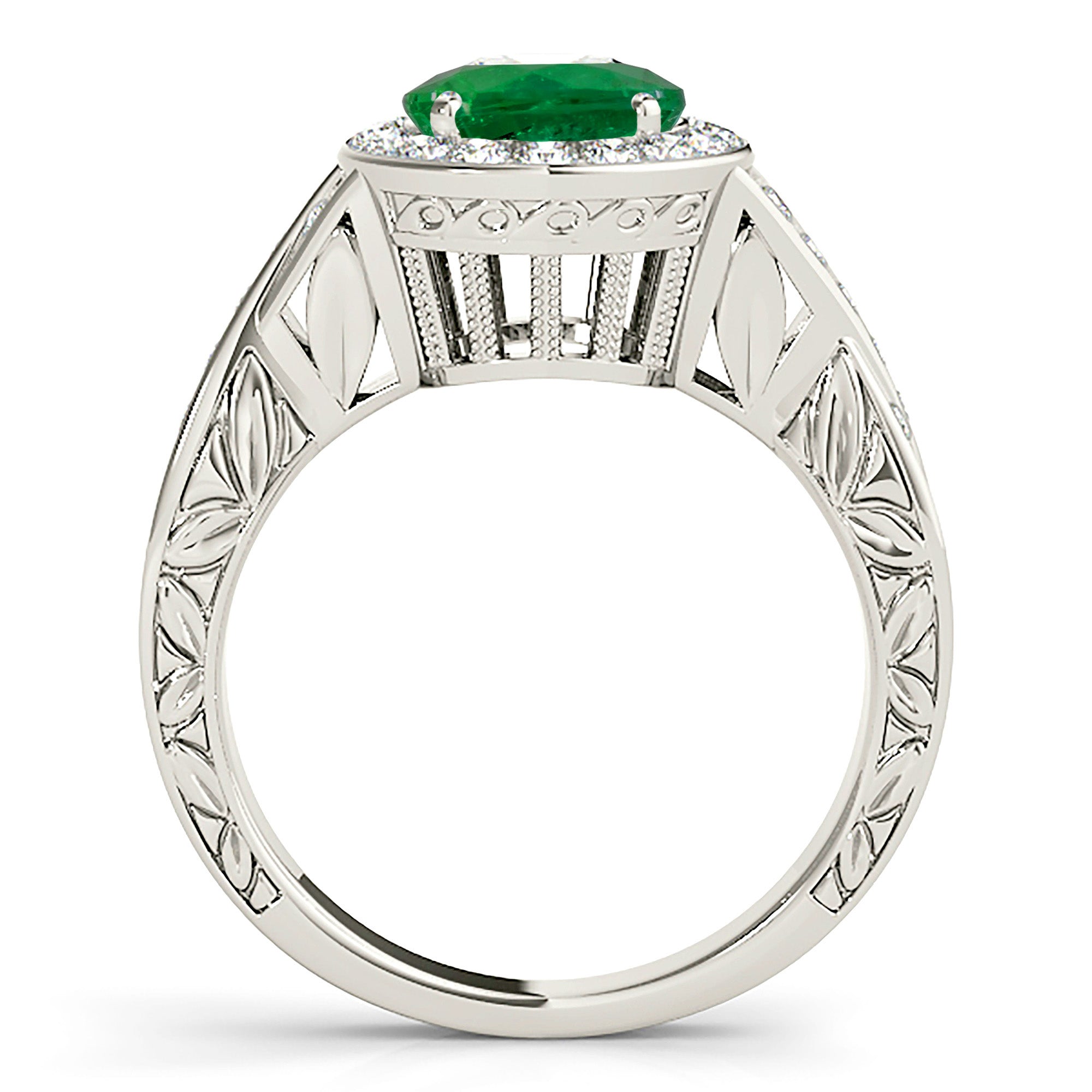 1.75 ct. Genuine Emerald Ring With 0.25 ctw. Channel Set Diamond Halo,Twist Band,Filigree Accent-VIRABYANI